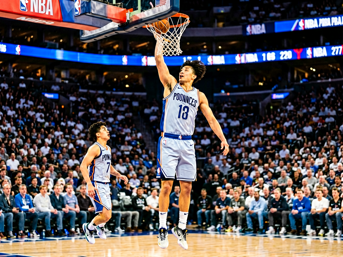 NBA篮球比赛现场，球员在空中扣篮的精彩瞬间